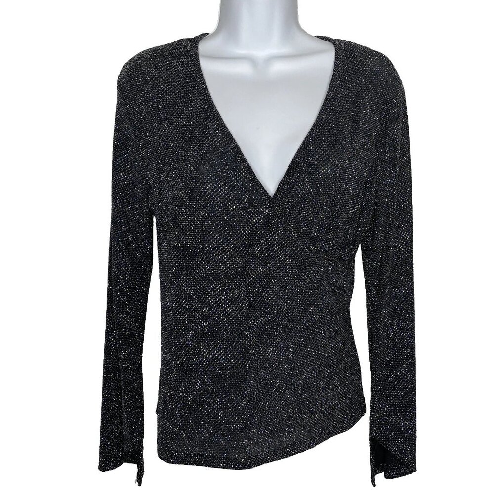 Vintage 90s Ingredients Black Blue Metallic Glitter Faux Wrap Bell Sleeve Top